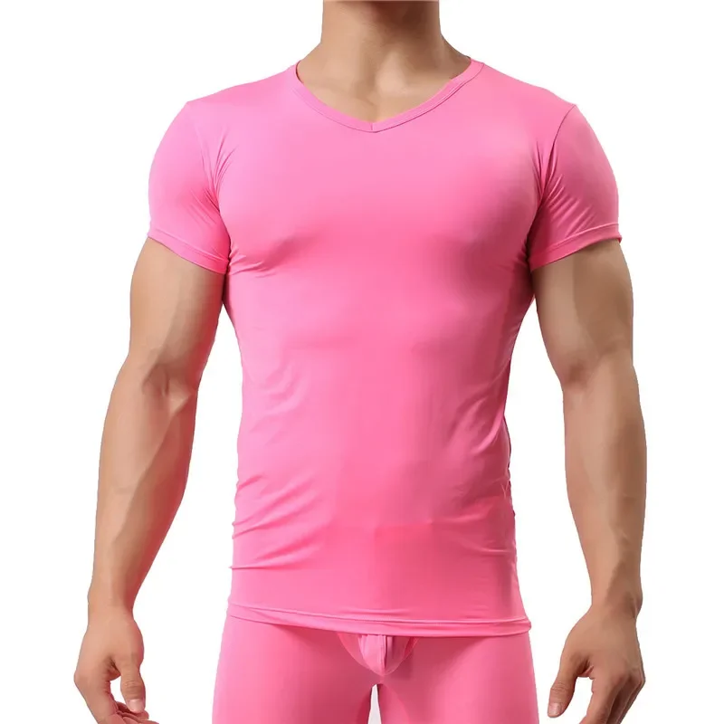 Man Ice Silk Spandex Sheer Nylon V-neck Short Sleeves Undershirt Ultra-thin Cool Thermal Sleepwear T Shirts Tops