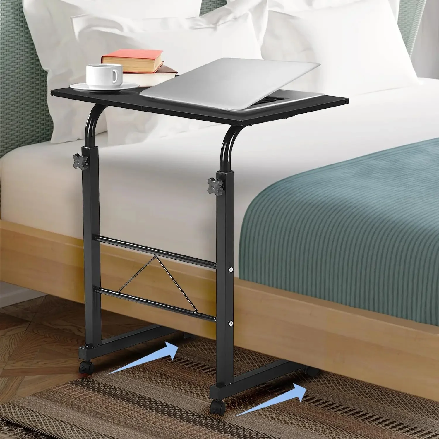Black Pipe Rack Computer Desk, Side Table Mobile Standing, Adjustable Height & Movable, 60cm Particleboard with Triamine, Modern 3