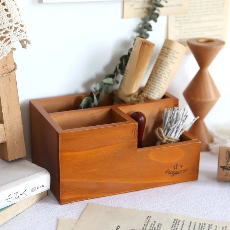 1pcs Multi-functional Wooden Desk Organizer Remote Control & Stationery Storage Box Desk Pencil & Makeup Brush Holder 1