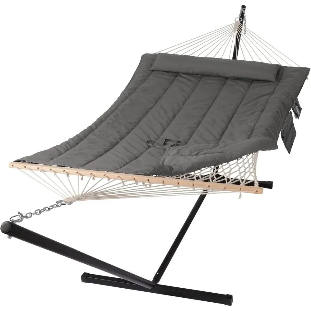 

Double Outdoor Hammock with Stand Two Person Cotton Rope Hammock with Polyester Pad Camping Hammocks Dark Gray Tourist Garden