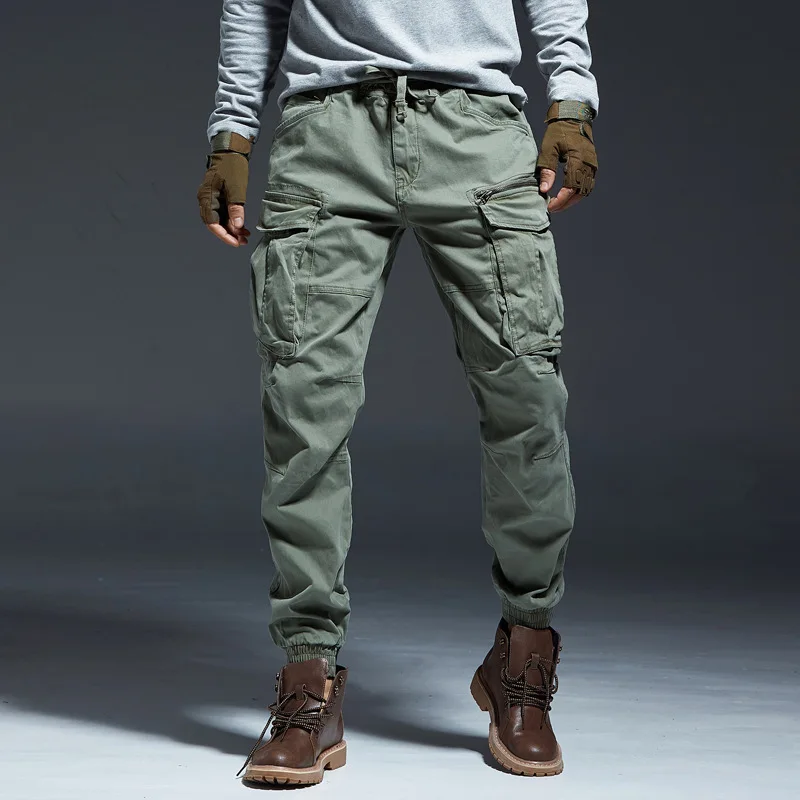 

Ankle Length Jogging Pants Men Denim Cotton Pockets Elastic Waist Cargo Pants Men Thick Tactical Pants