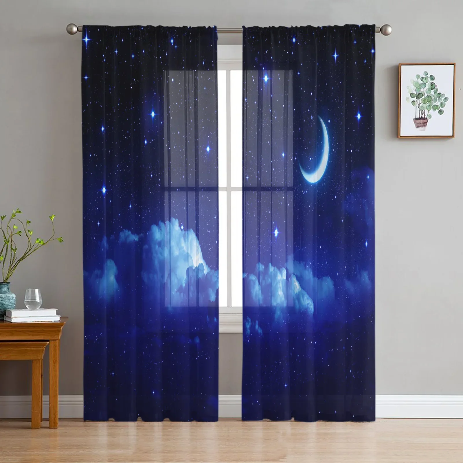 thumbnail image 1 of Cortinas transparentes con diseño de cielo nocturno, estrellas y luna, para sala de estar, ventanas, dormitorio, cocina, decoración del hogar, cortinas de gasa, 1 of 4