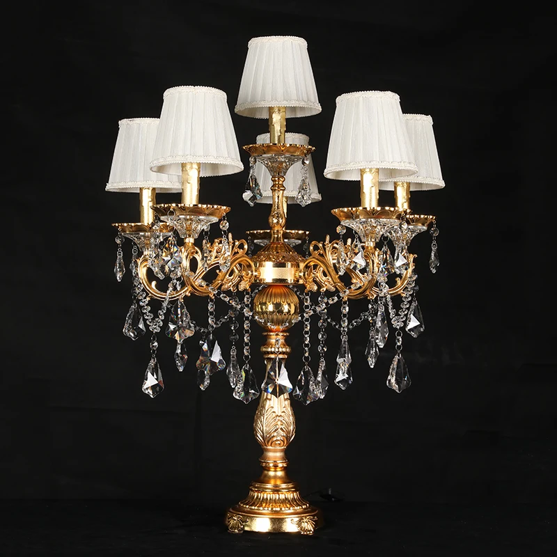 

5 lights large Restaurant crystal table lighting Gold LED candle holders cloth lampshade Office wedding E14 Led Desk table Lamp