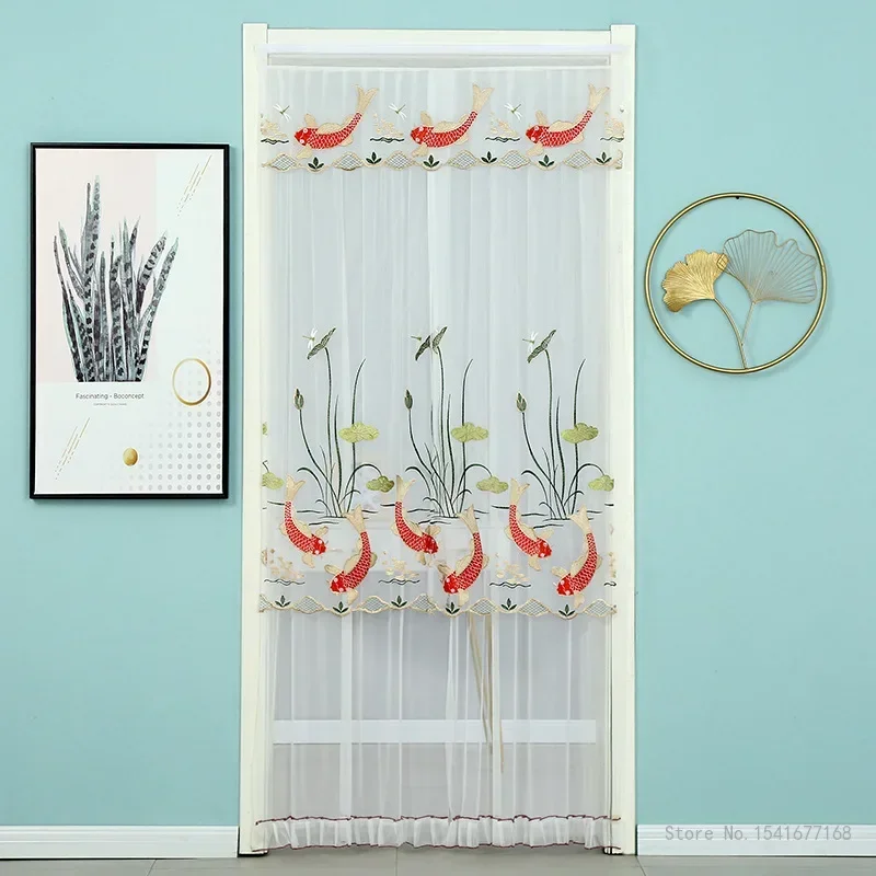 Punch-Free Mosquito Screen Door Curtain, Breathable Bedroom Partition Curtain, Double Layer Lace Embroidered Door Curtain, 1Pc