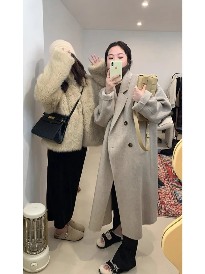 

Miiiix Korean Fashion Solid Color Sheep Woolen Coat 2024 Women's Winter Loose Casual Long Double Sided Coat Female Clothing