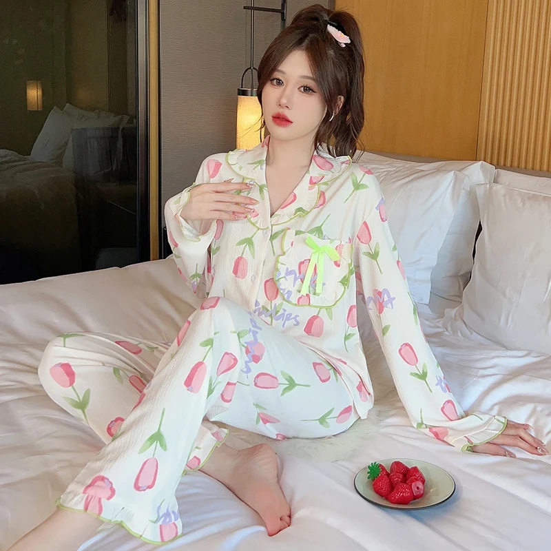 

2024 Spring Long Sleeve Cotton Print Pajama Sets for Women Korean Cute Sleepwear Suit Pyjama Homewear Pijama Mujer Home Clothes