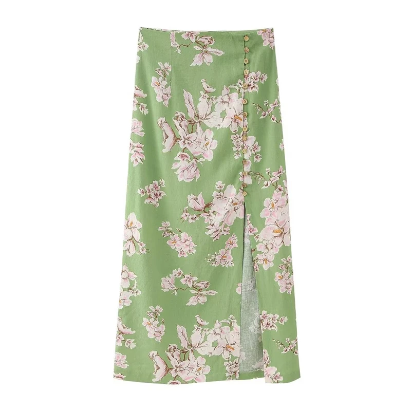 

Summer New High Waist Breasted Button Slit Skirt Slim Linen Blended Retro Printed Skirt's