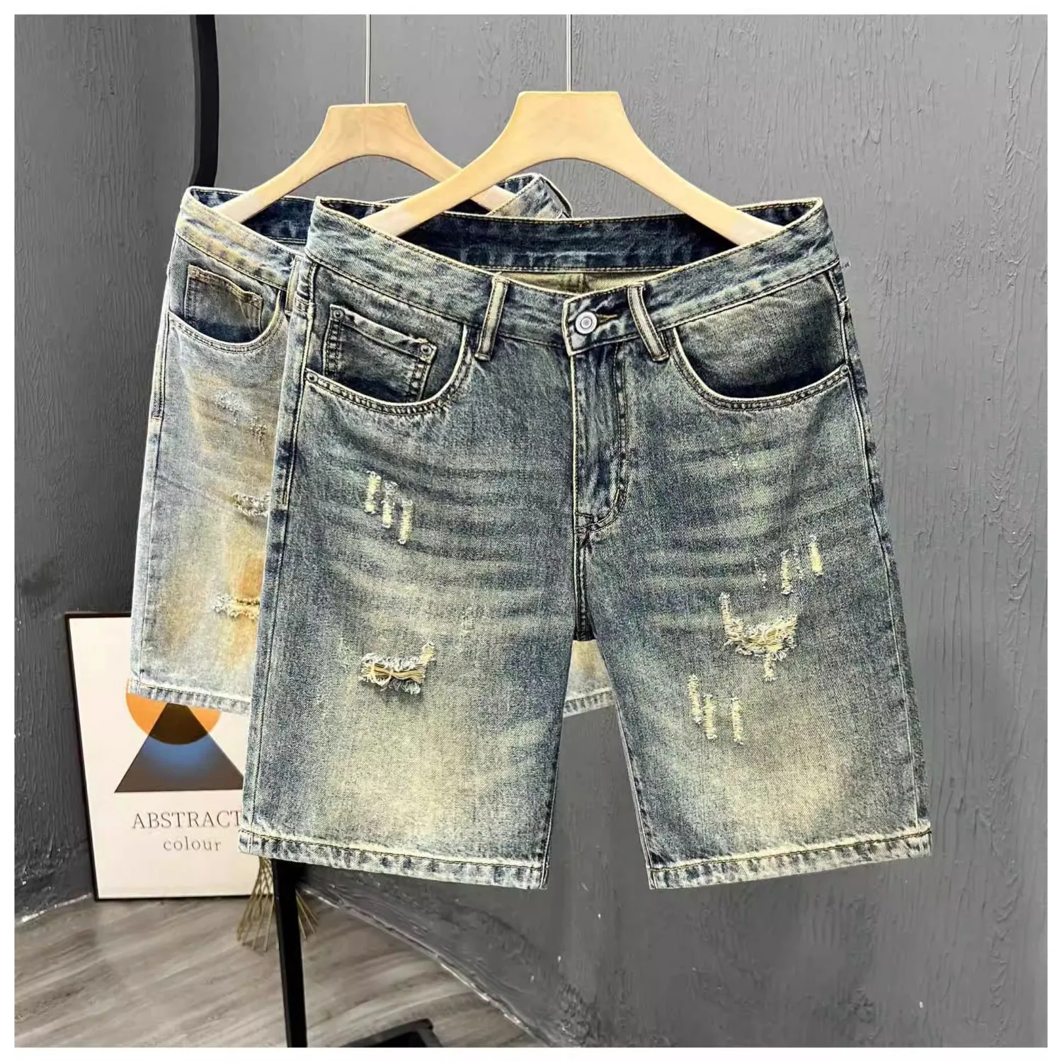 Hochwertige, zerrissene Denim-Shorts für Herren, vielseitige, lockere, lässige, kurze Hose mit geradem Bein