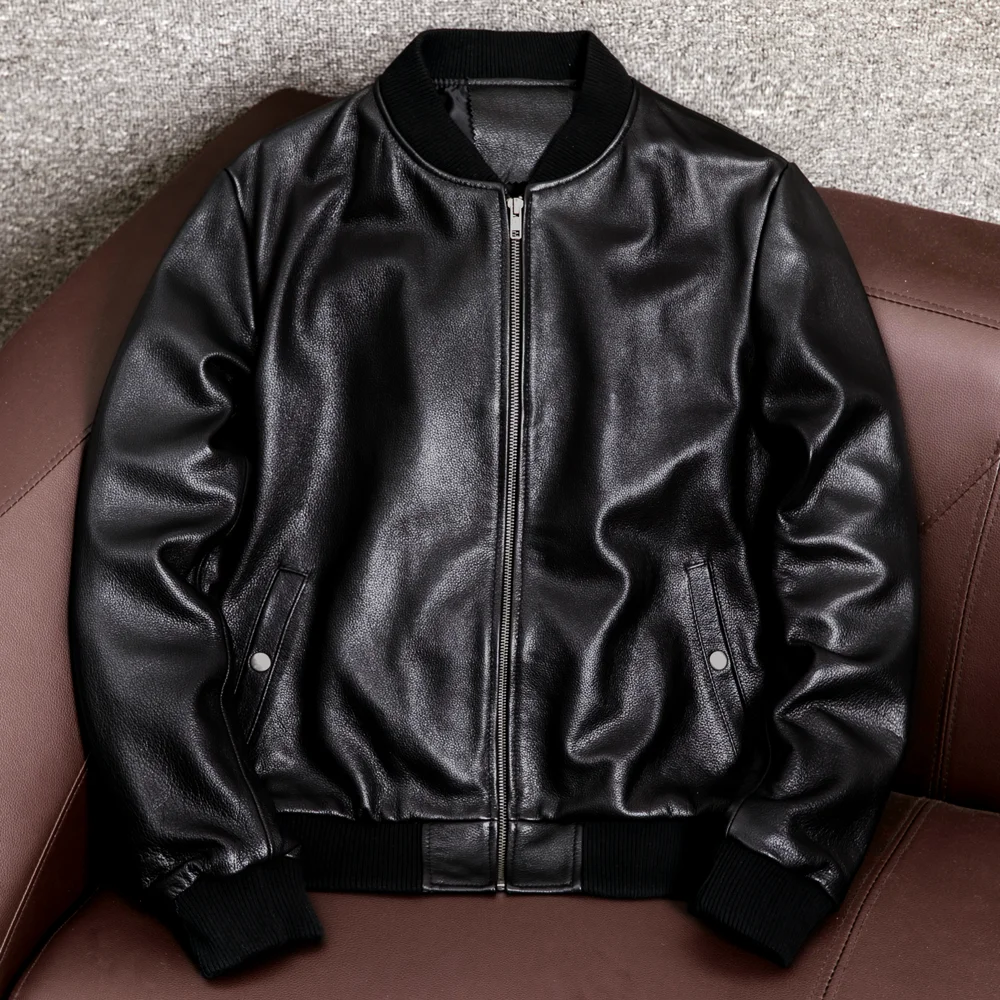 

2023 Spring Fall Men's Genuine Calf Leather Trend Clothing Male Jacket Coat Baseball Thermal O-neck Black Oversized xxxxl 4xl