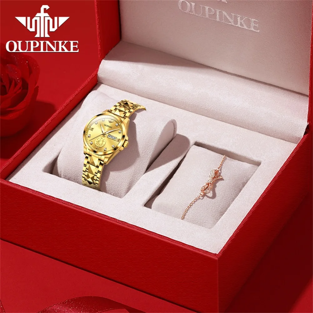 Original OUPINKE Automatic Watch for Women Swiss Luxury Real Gold Real Diamond Sapphire Crystal Elegant Ladies Watches Sets 2