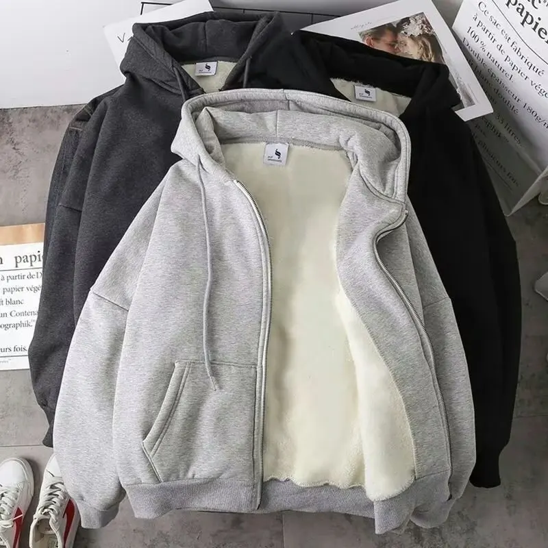 Veste à capuche en polaire épaisse pour homme, style coréen, ample et chaude, tendance étudiante, style couple, manches longues, fermeture éclair, automne-hiver