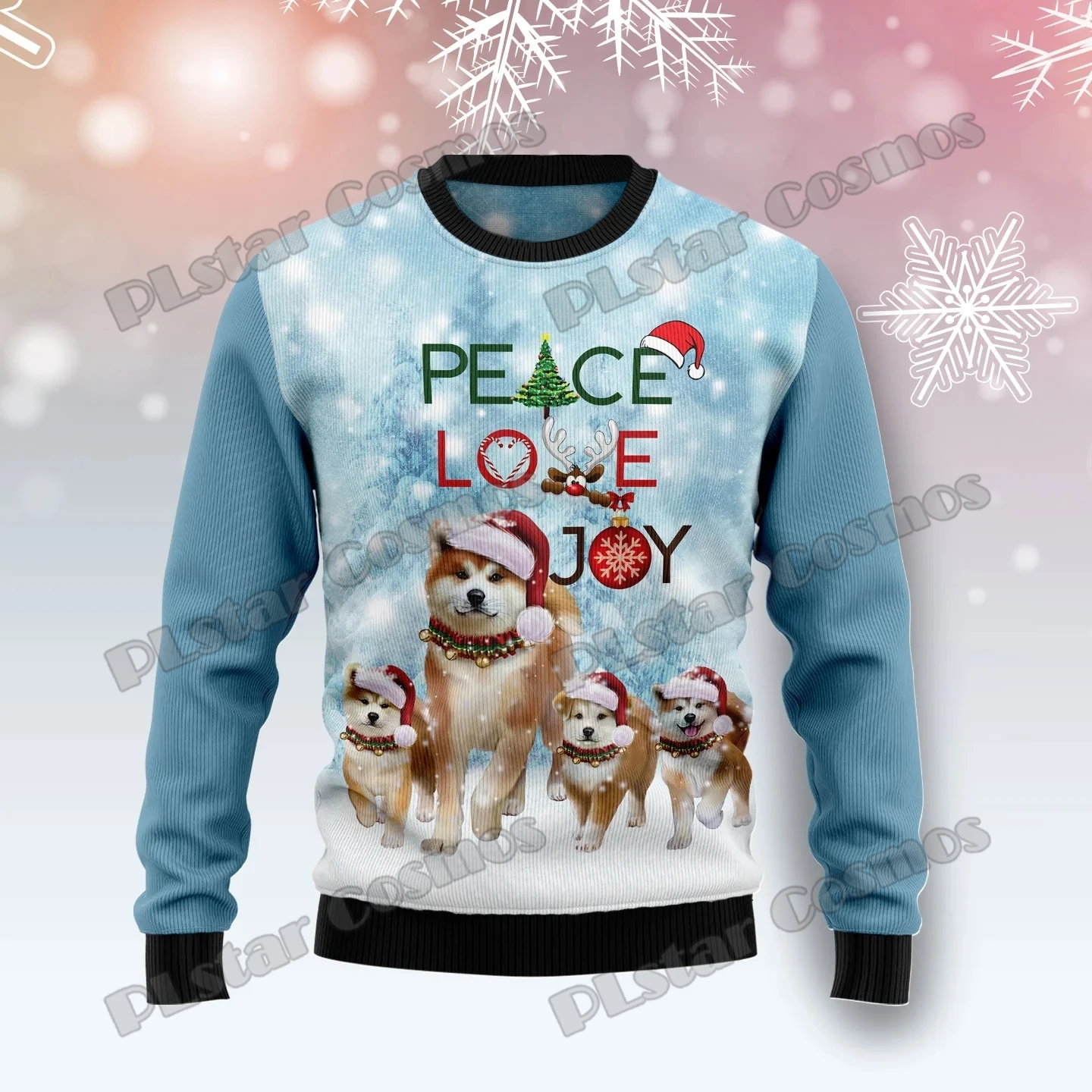 PLstar Cosmos Akita Peace Love Joy 3D Printed Fashion Men's Ugly Christmas Sweater Winter Unisex Casual Knitwear Pullover MYY23