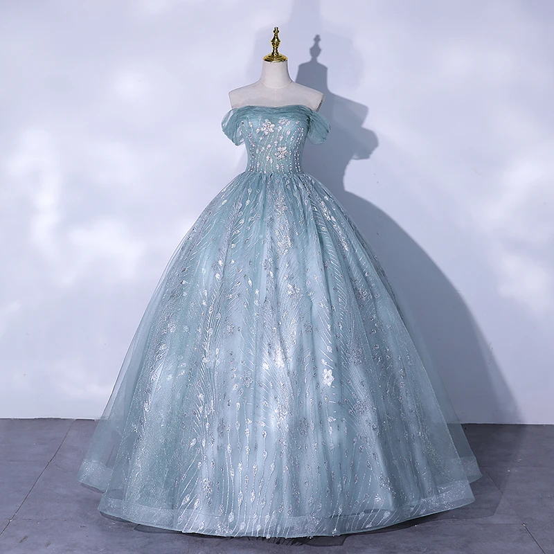 

New Green Off The Shoulder Elegant Quinceanera Dresses Backless Sleeveless Fairy Vestidos De 15 Shiny Sequined Flowers Ball Gown