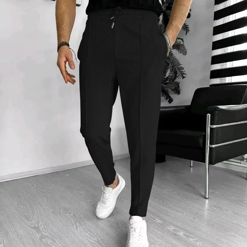 2024 Spring and Fall men's Waffle Leisure sports solid color pants trend fashion high quality drawstring small leg pants 4