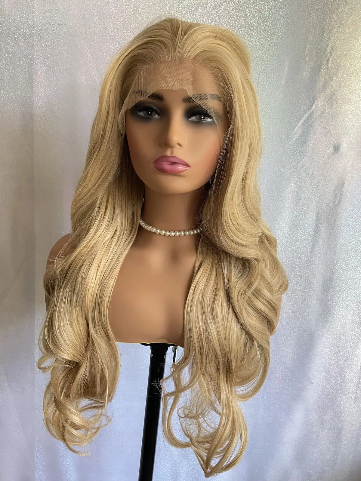 

Long Wavy Lace Front Human Hair Blend Heat Ok Wig Blonde Mix 27/613 Women Soft