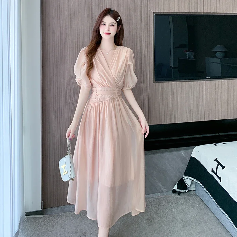 

Summer New French Midi Dresses for Women 2024 Elegant Party V-neck Bubble Sleeve Small Fresh Temperament A-line Female Clothing