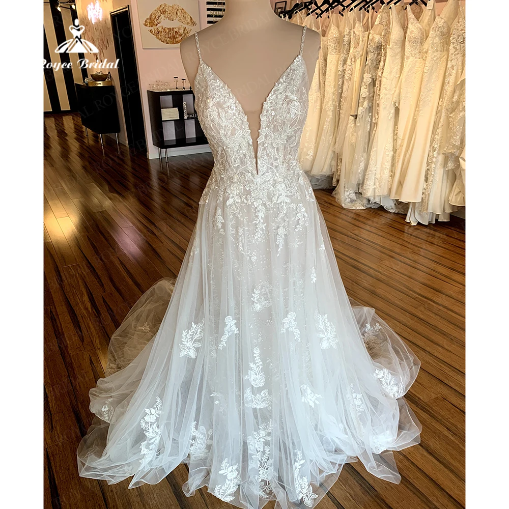 

Sexy Deep V Neck Wedding Dresses Lace Appliques Spaghetti Strap Boho Princess A Line Bride Dress For Women vestido de casamento