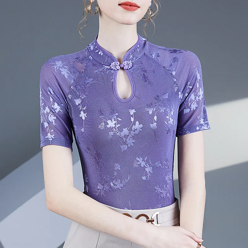 New Chinese Semi-high-necked Short-sleeve Top Female Summer New Cheongsam Collar Mesh Jacquard T-shirt
