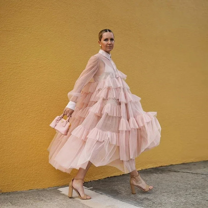 

Photoshoot Pink Prom Gowns Sleeve Ankle Length Layered Women Dress Ruffled Long Prom Gown Soft Tulle Candy Color Tutu Maxi Dress