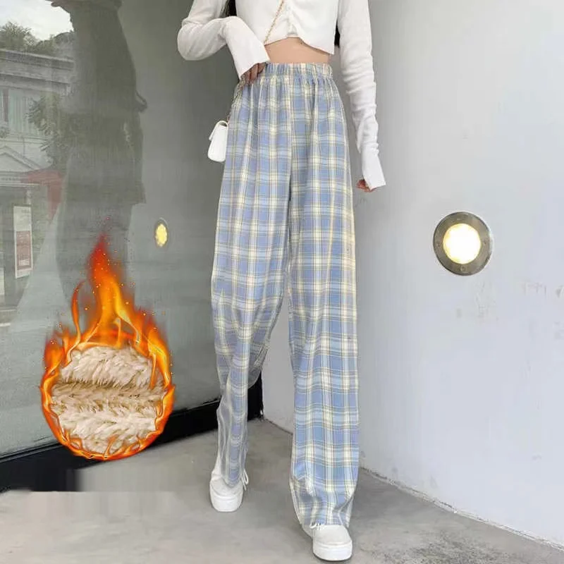

Plaid Pants Women Plush pants Checkered Pants Autumn Wide-leg Pants High-waist Oversize Trousers Thick Winter warm plaid pants