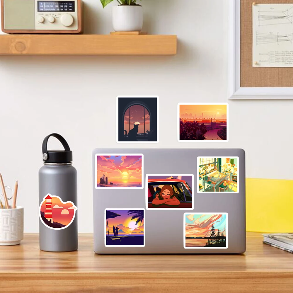 Aesthetic Sunset Illustration Arts Stickers DIY Toys Gift Waterproof Decal for Scrapbook Laptop Phone Luggage Bottles Decorative