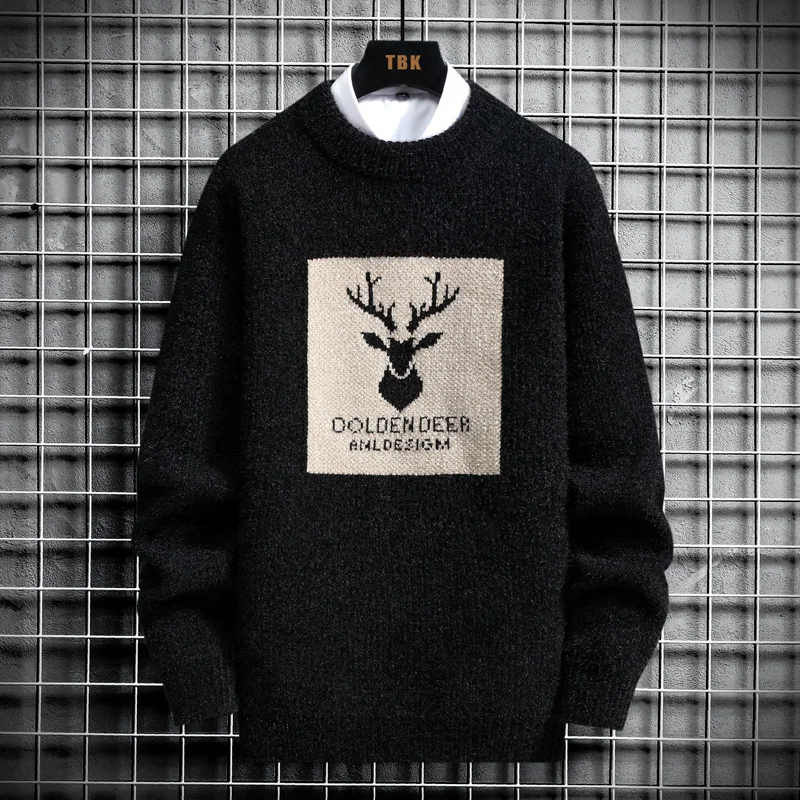 

2023 Autumn Vintage Sweaters Oversized Mens Knitted Sweater Men Deer Print Pullover Hip Hop Harajuku White Padded Velvet Sweater