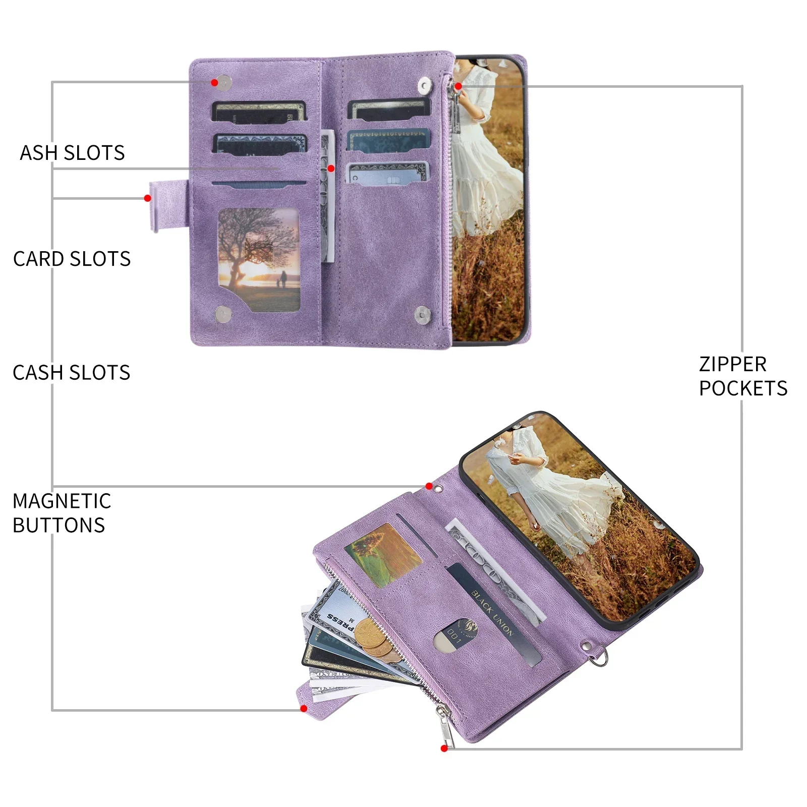 Elegant Leather Crossbody Zipper Wallet & Phone Case with Card Holder and Flip Cover