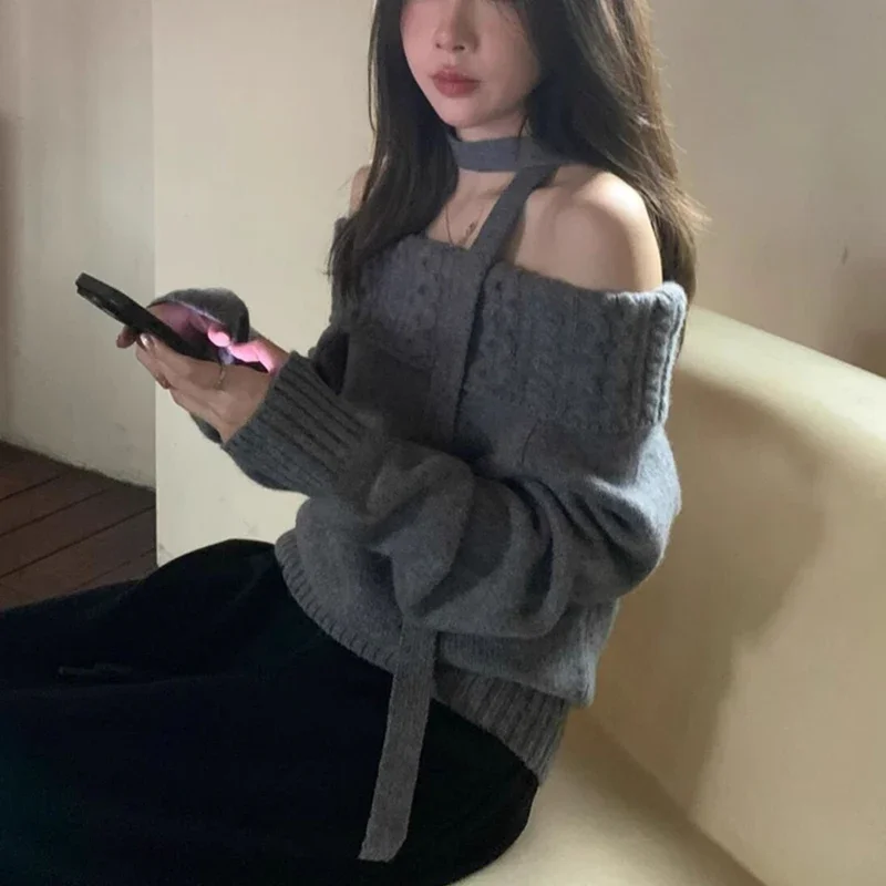 New Autumn and Winter Women's One-word Collar Off-shoulder Long-sleeved Sweater Elegant and Sexy Knitted Slim-fit Top