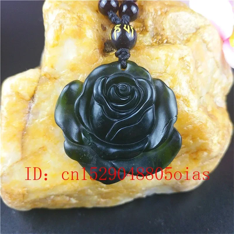 Certified Chinese Natural Black Green Jade Rose Pendant Necklace Obsidian Charm Jewellery Accessories Carved Amulet Gifts