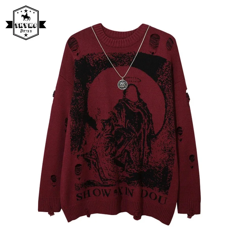 

Streetwear Hip Hop Necklace Hole Sweatshirt Mens High Street Personality Loose Elasticity O-Neck Jacquard Weave Pullover Unisex