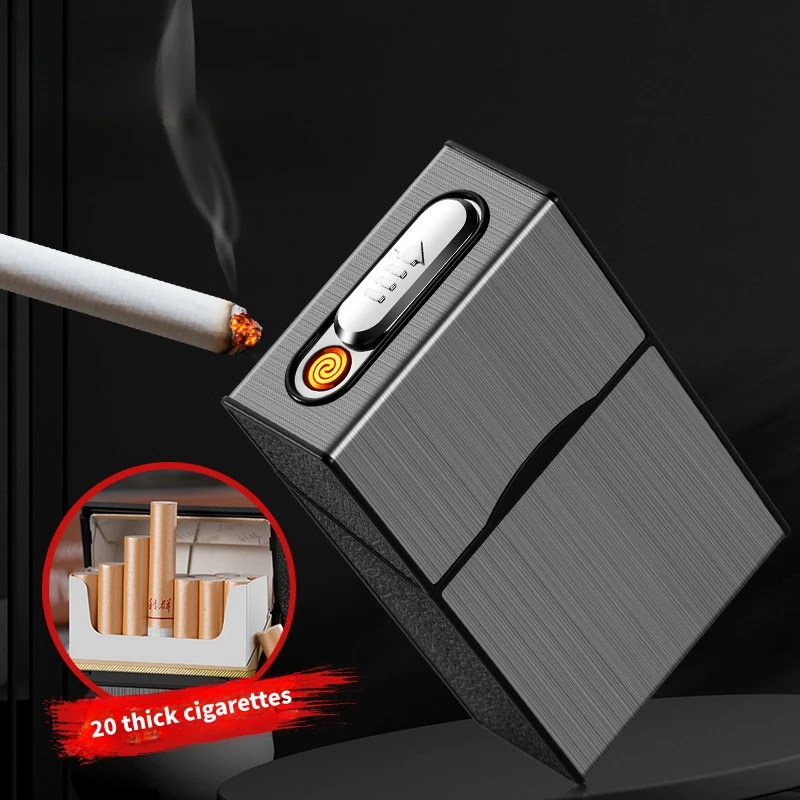 Portasigarette con accendino USB, 20 pezzi, dimensioni regolari, ricaricabile, antivento, senza fiamma, accendino elettrico USB 2 in 1 (teschio