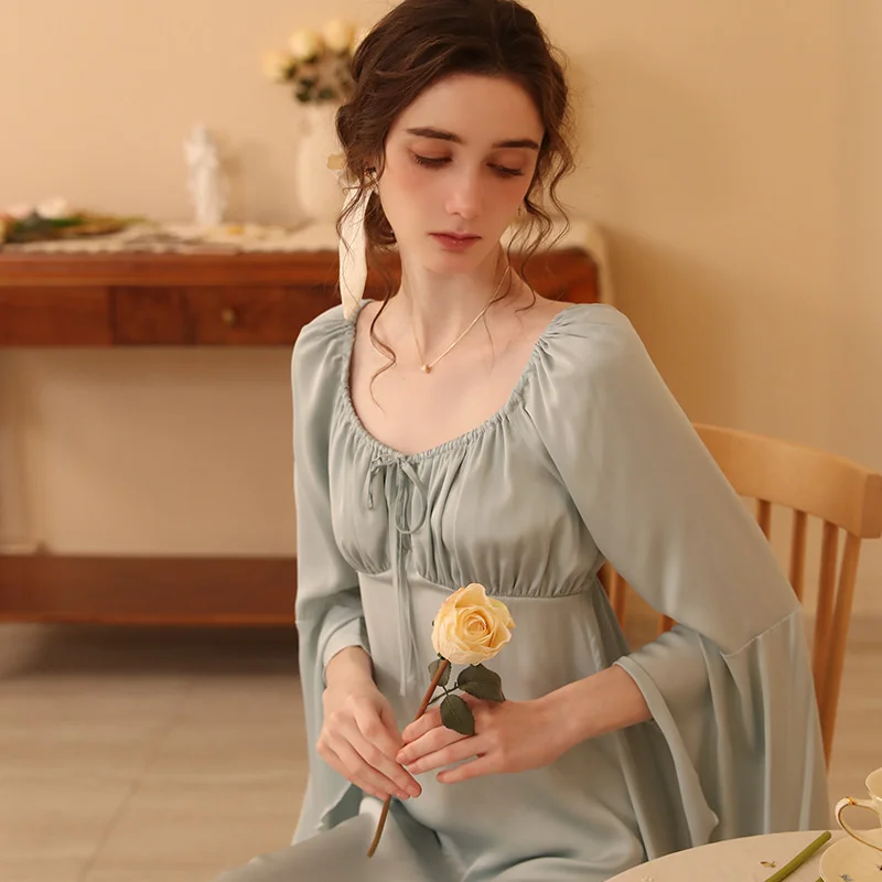 Spring Nightdress Women Ice Silk Long Sleeve Long Loose Elegant Retro Nightgowns Sleepwear Pijama Sleepshirt Home Dressing Gown