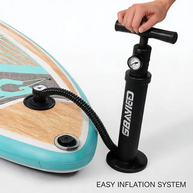Inflatable Stand Up Paddle Board With Stable Non-Slip EVA Deck Gradient Light Wood Grain Design Tri-Fin System High Weight Capacity And Complete Kit Including Paddle Backpack Pump For Family Water Sports