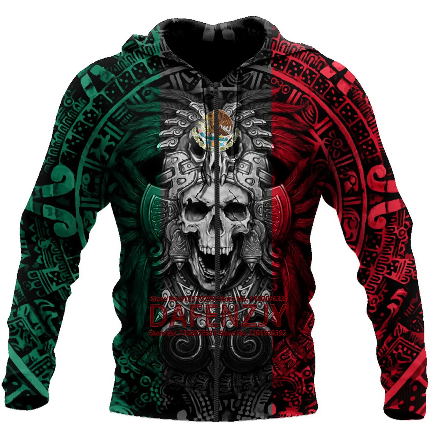 

Men/Women Vintage Mexico Aztec Print Hooded Jacket Men Zip Up Long Sleeve Pocket Streetwear Coat Mexico Flag Loose Hoodies