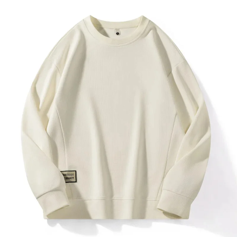 thumbnail image 1 of Sudaderas de cuello redondo para hombre, ropa de primavera, estampado de gofres, camisas de manga larga, ropa de calle, sudaderas con capucha de color liso sin capucha, 1 of 4