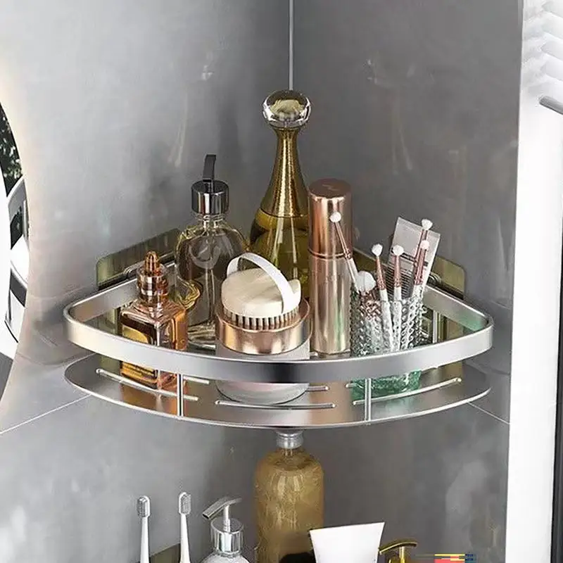 ห้องน้ํา WC ชั้นวางของสามเหลี่ยมห้องอาบน้ําฝักบัว Rack แชมพูผนังเจาะฟรี Sliver อลูมิเนียมห้องน้ําชั้นวางมุม 1