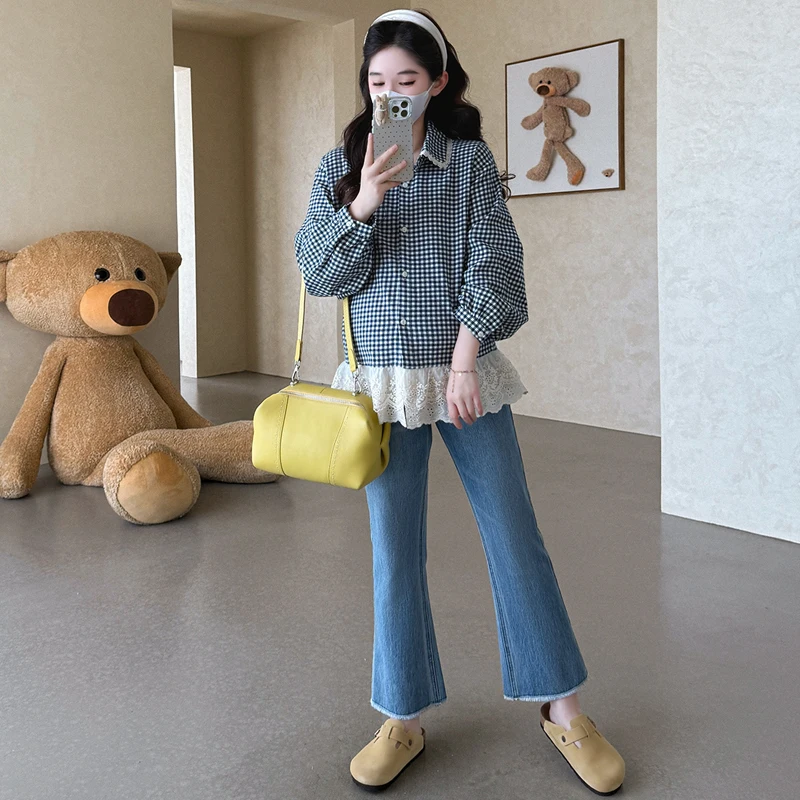 G82433 임산부용 탑 체크 무늬 두꺼운 루즈 레이스 패치워크 탑 여성용 임산부용 탑
