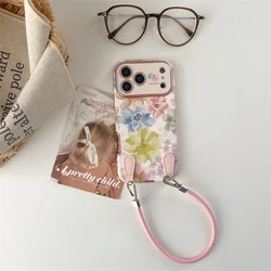 Korean Style Flower Phone Case with Wrist Strap - Shockproof Retro Floral Protective Cover - iPhone 16 Pro (With Strap)