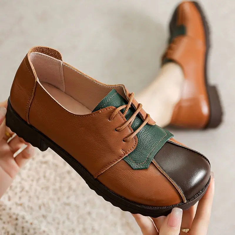 Genuine Leather Ballet Flats Women's Laced Up Oxords Shoes Vintage Low Heel Brogues Loafers women oxford shoes