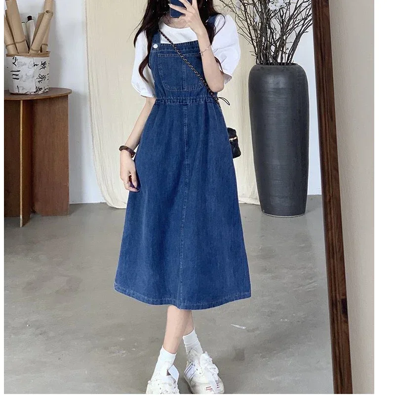 2025 Fashion Women Denim Suspender Skirt Spring Summer Causal Strap Female High Waist A-line Solid Lace-up Woman Skirts