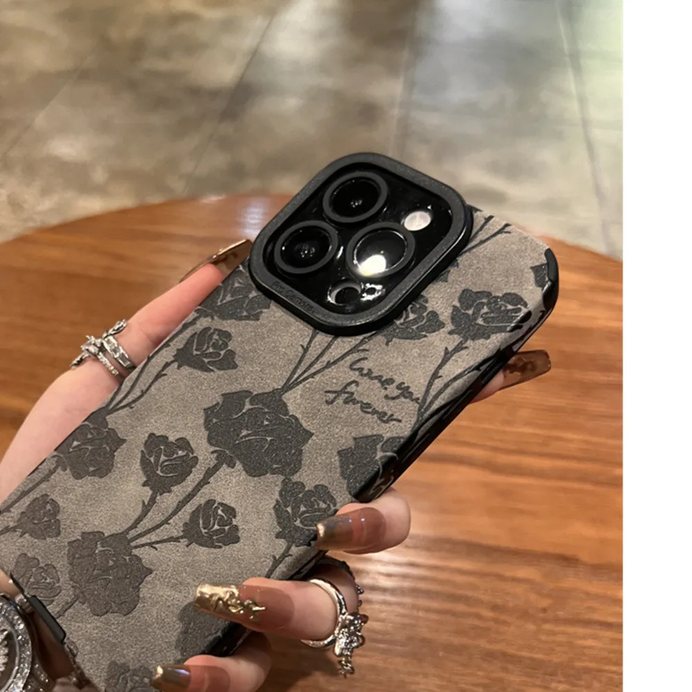 【 High Quality 】 Gray Bottom Black Rose Phone Case New iPhone 15 Promax 13 Set  16 Premium 14 Anti Drop 12 Silicone_voghion.com