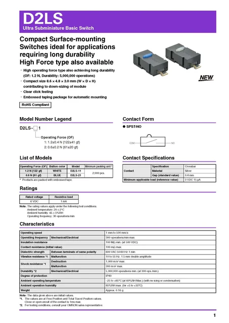 5 Micro-commutateurs D2LS à 2 Broches, Durée De Vie De 5