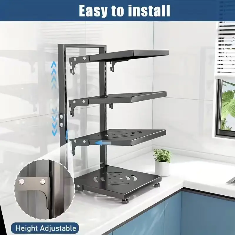 1pc Heavy-Duty Carbon Kitchen Pot Rack, Multi-Tier -Standing Shelf with Adjustable Shelves & Pot Lid Storage - Space