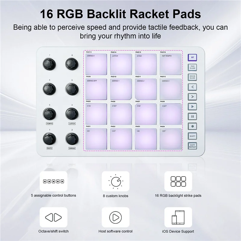 M-VAVE MIDI Controller Strike Pad RGB Backlight MIDI Keyboard BT Connection Low Latency 3.5Mm Output Interface Pad