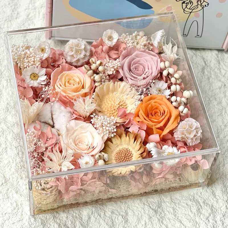 Perpetual Flower Rose Acrylic Photo Frame Gift Box for Mum Teacher Girlfriend Real Flower Gift Home Decoration Ornaments