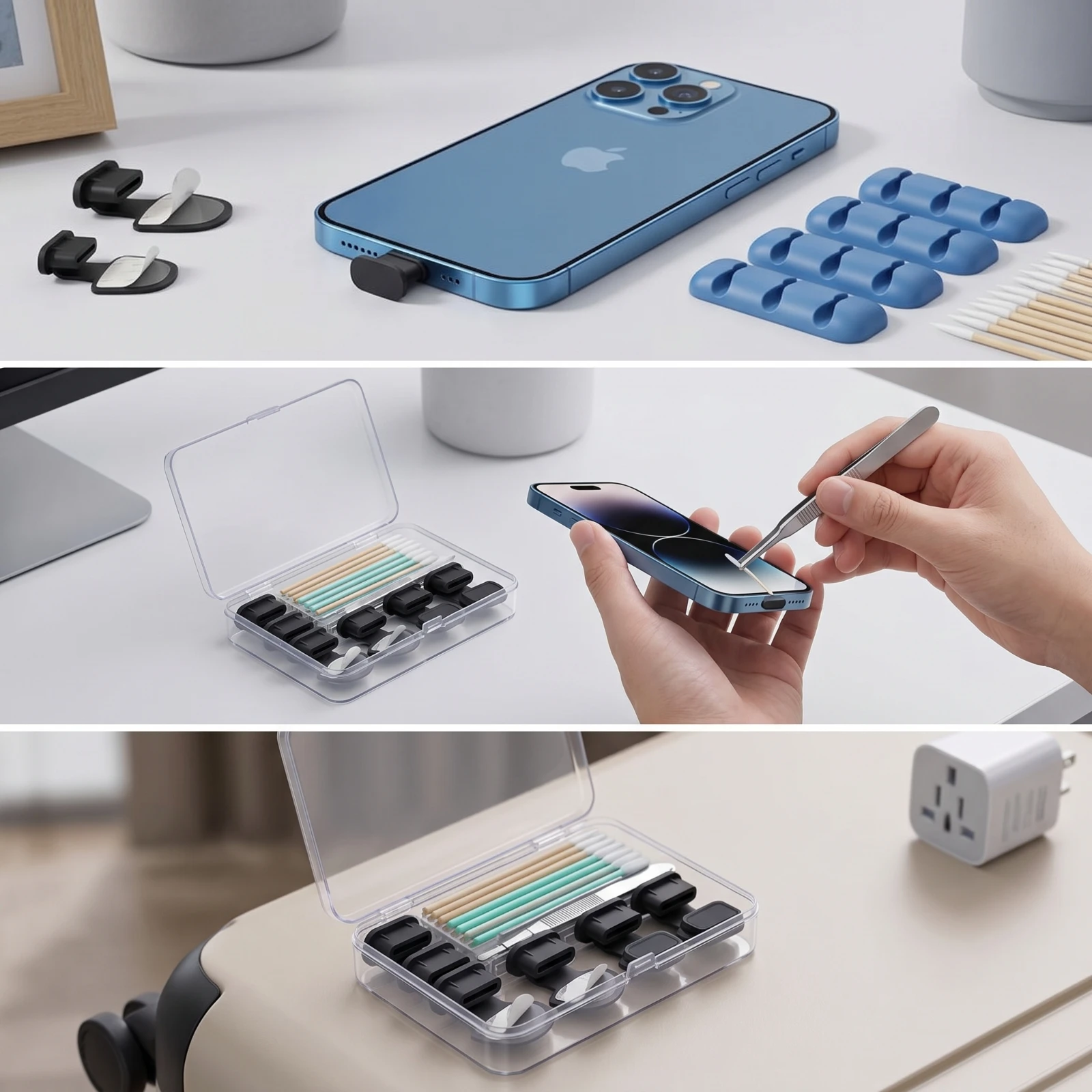 USB-C 먼지 방지 플러그 키트 실리콘 폰 청소 키트(보관함 포함) USB-C 먼지 방지 플러그 통근자를 위한 부드러운 보호 장치