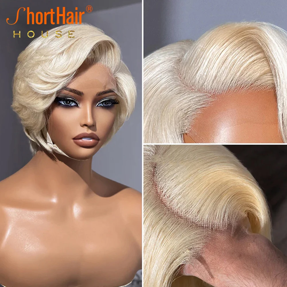 Short Hair 613 Blonde 180% Pixie Cut Wigs Human Hair Wig Bangs 13x6x1 T Part Wig Brazilian C Parted Minimalist Pixie