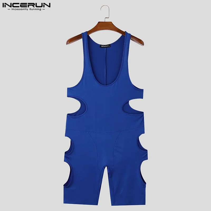 INCERUN American Style Men's Loungewear Side Hollow Out Tight Fitting Jumpsuit Sexy Solid U-neck Sleeveless Bodysuit S-5XL