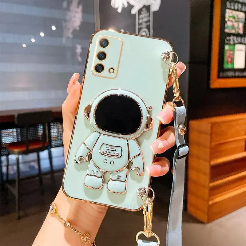 Crossbody Lanyard Plating Case with Silicone Astronaut Holder Cover