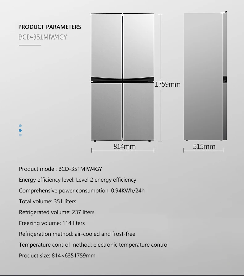 Side-by-side Refrigerator Touch Screen Black Stainless Steel 4 Door French Door Refrigerator